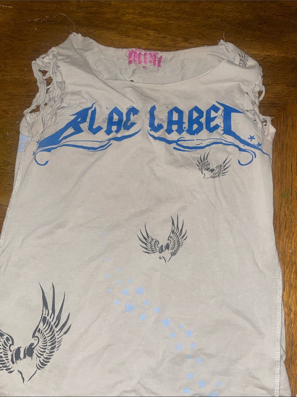 Black Label White Tank Top with Blue Logo and Bird Graphics